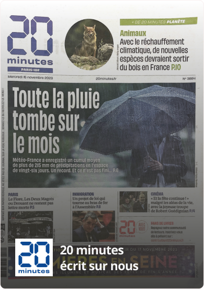 Une de 20 Minutes Paris-IDF du 15 novembre 2023, avec la mention « 20 minutes écrit sur nous »