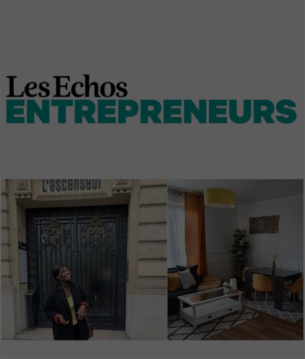 En-tête de l’article des Échos Entrepreneurs : Assetou Coulibaly devant l’Ascenseur à Paris et un salon réaménagé