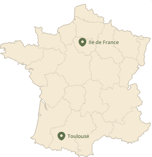 Carte de France situant deux territoires d’intervention de l’association : l’Île-de-France et Toulouse.